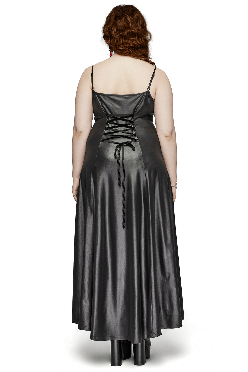 Back view of a women's black gothic maxi dress featuring lace-up details and a flowing silhouette.