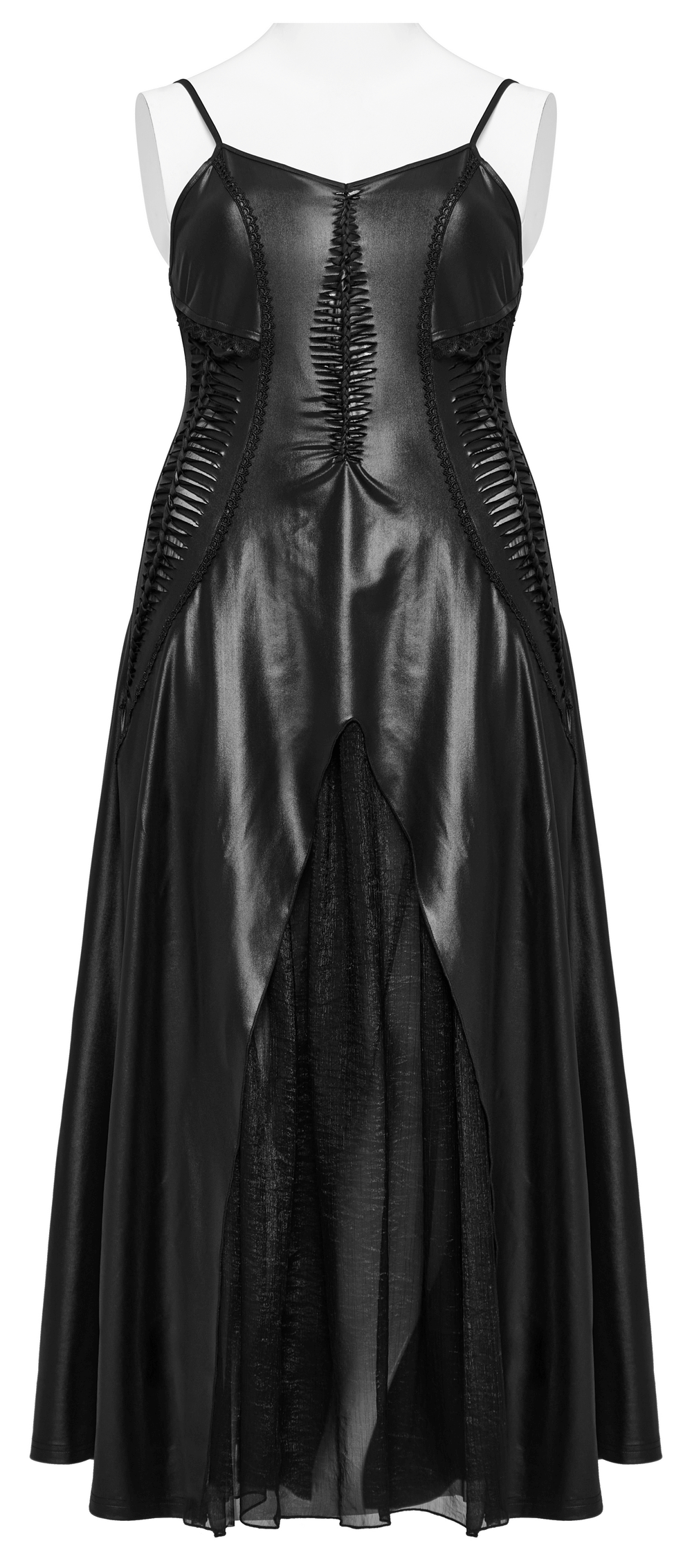 Daring Gothic maxi dress with straps, hollow-out design, and lace-up back for a striking, edgy look.