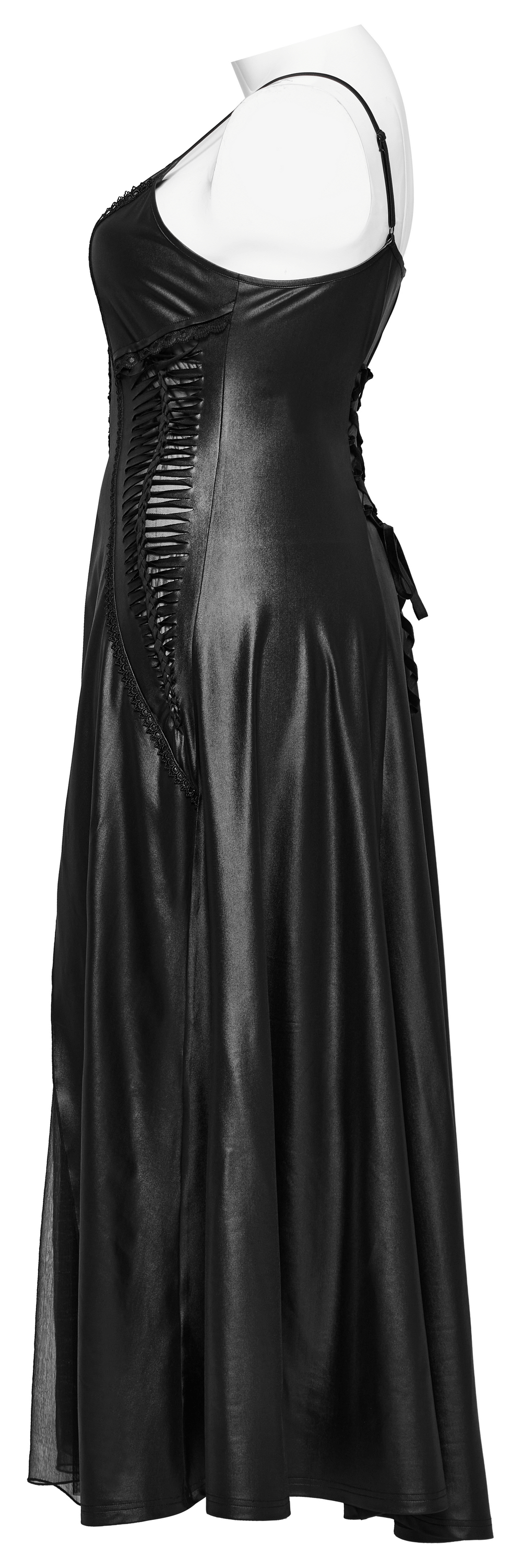 Stylish black gothic maxi dress with hollow-out design and lace-up back, perfect for a dramatic look.
