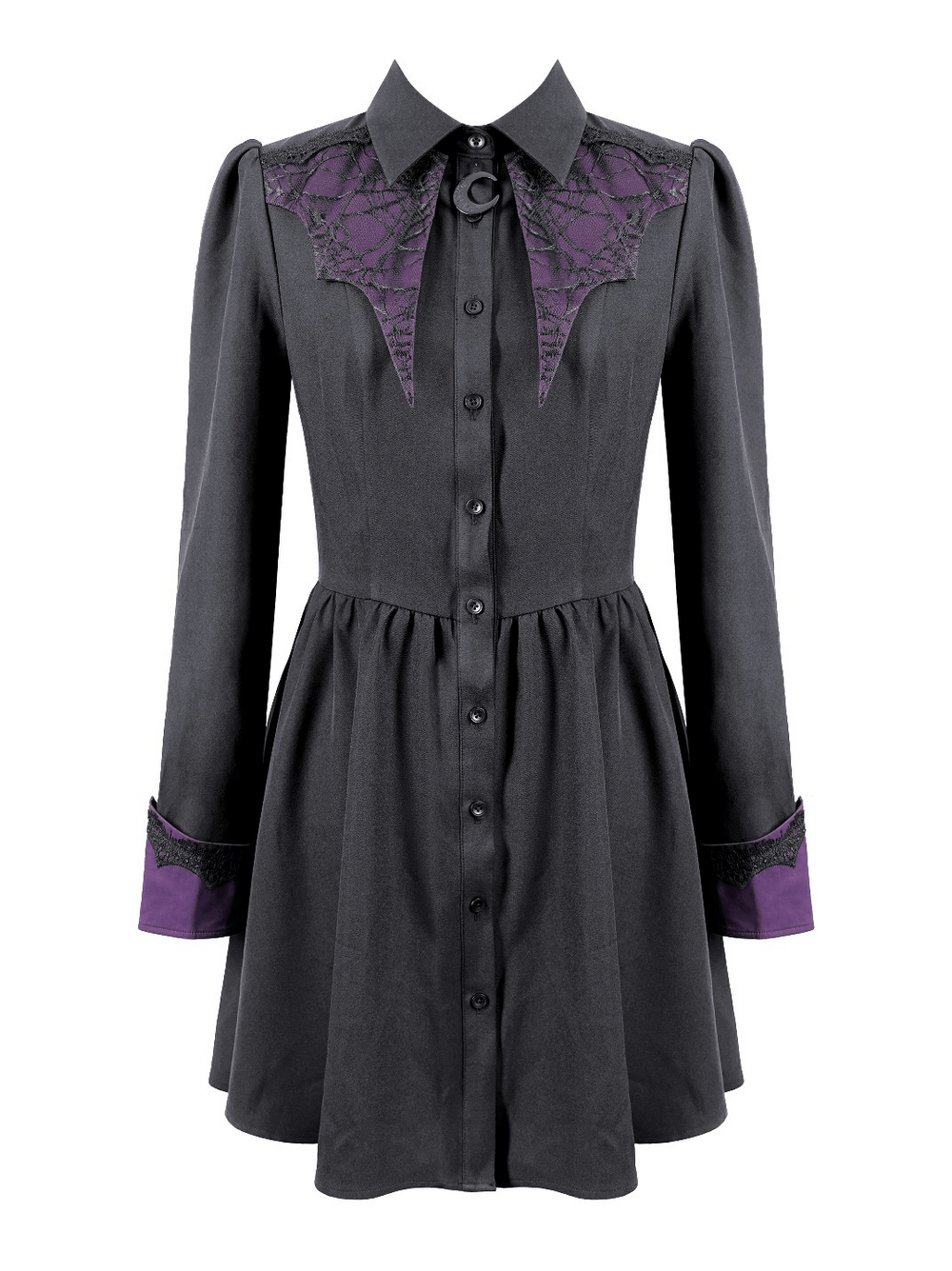 Dark Academia Button Front Dress with Purple Cuffs, Victorian gothic mini shirt dress with lace accents