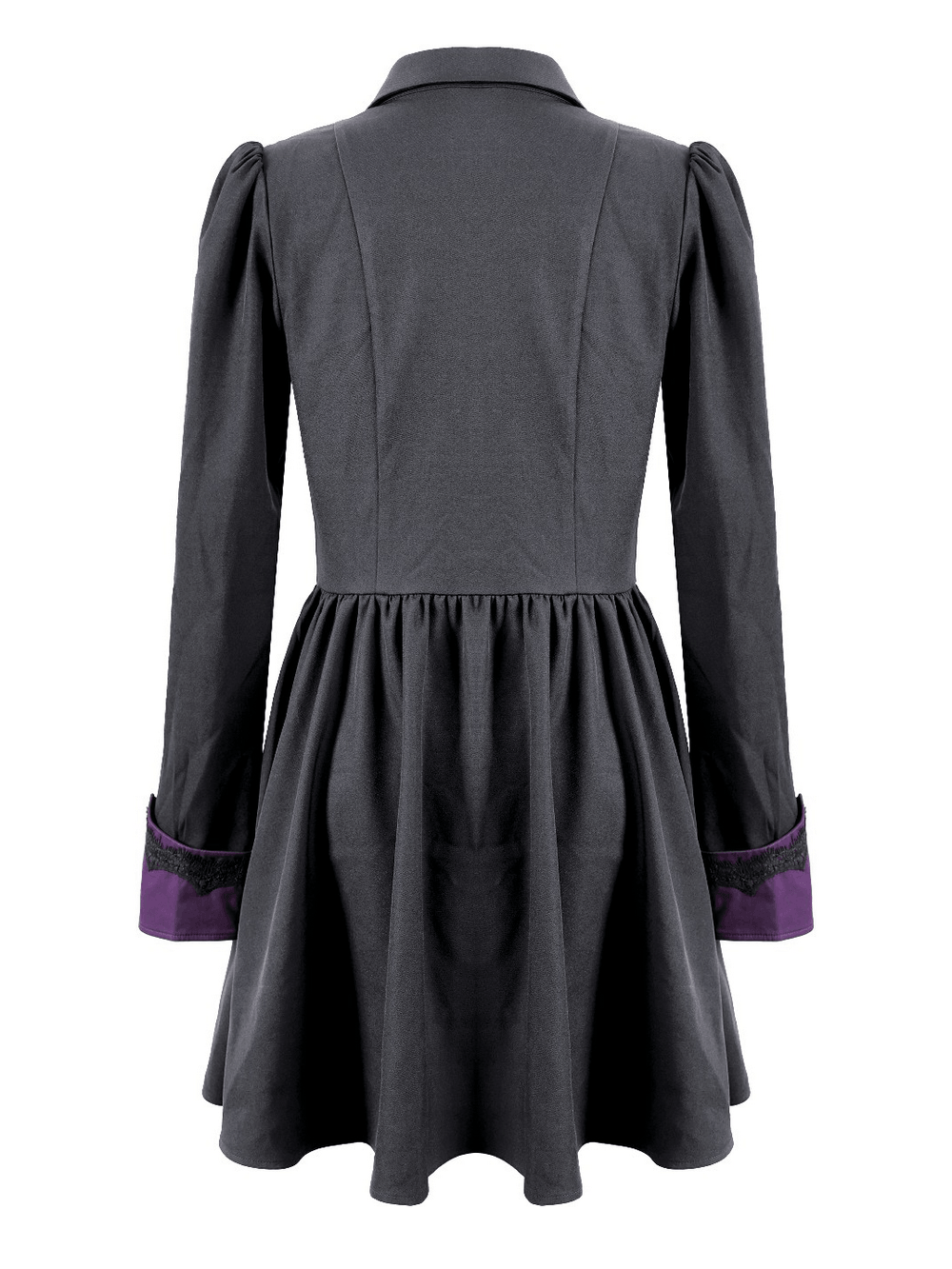 Dark Academia Button Front Dress with Purple Cuffs, gothic mini shirt dress with purple lace accents