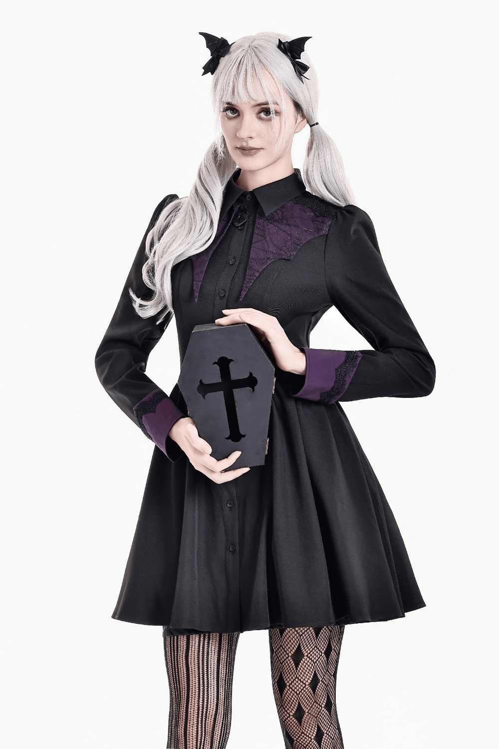 Dark Academia Button Front Dress with Purple Cuffs black Victorian gothic mini dress with lace and coffin prop