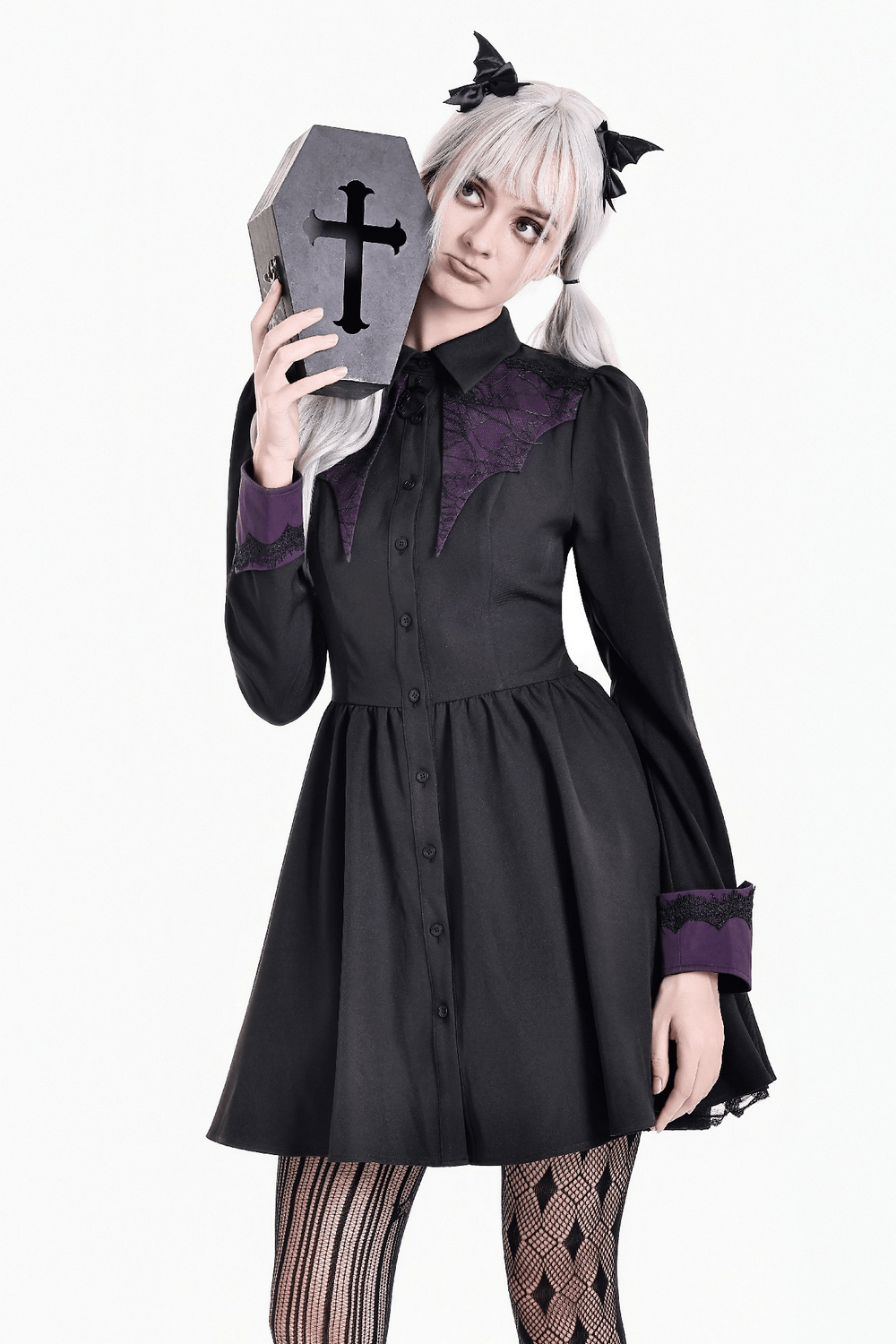 Dark Academia Button Front Dress with Purple Cuffs gothic mini shirt dress with lace accents and crescent moon charm