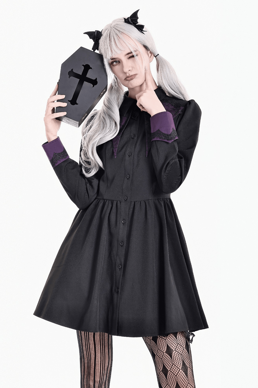 Dark Academia Button Front Dress with Purple Cuffs, Victorian gothic mini dress with lace accents and crescent moon charm