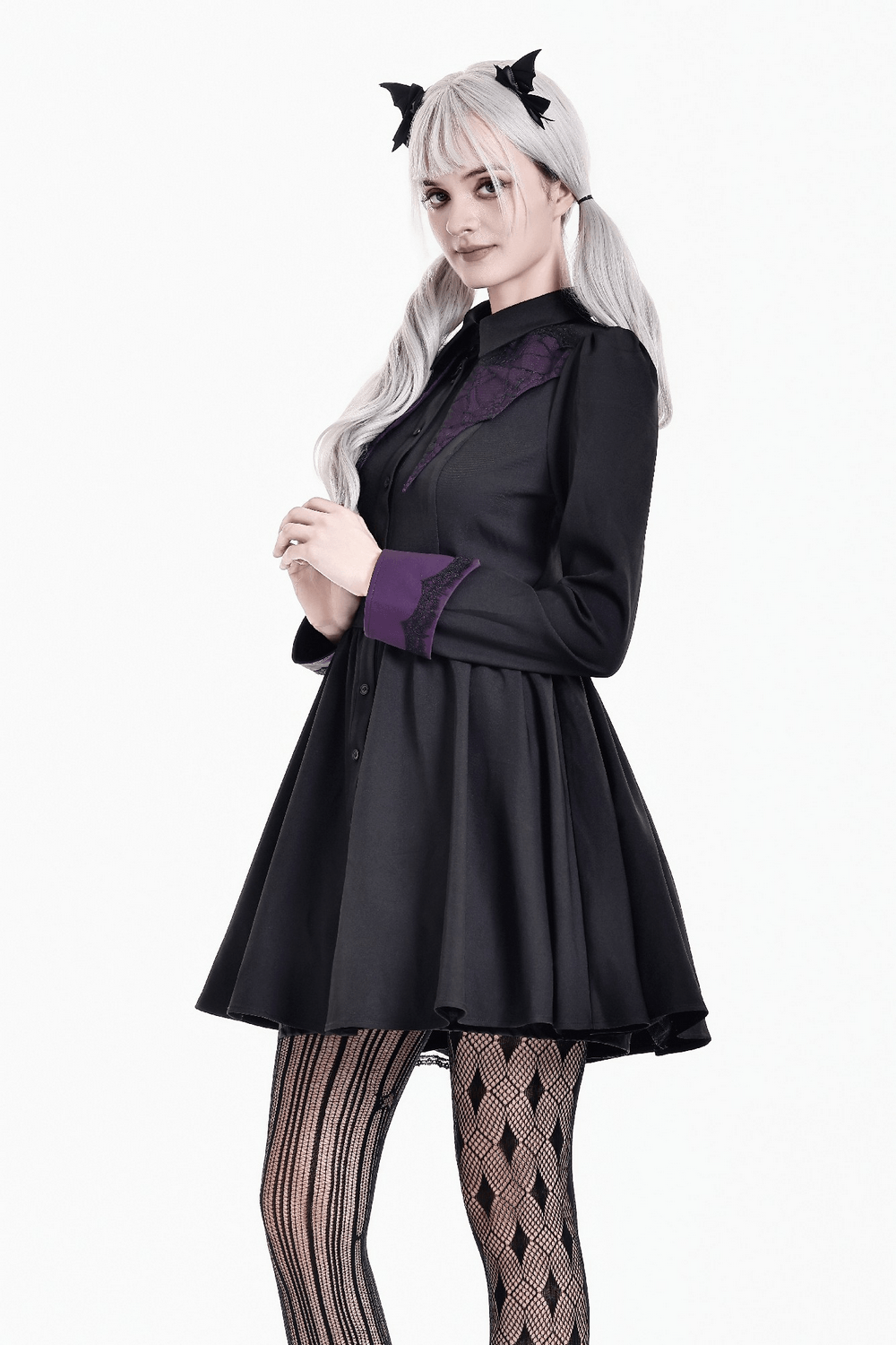 Dark Academia Button Front Dress with Purple Cuffs, Victorian gothic mini shirt dress with lace accents