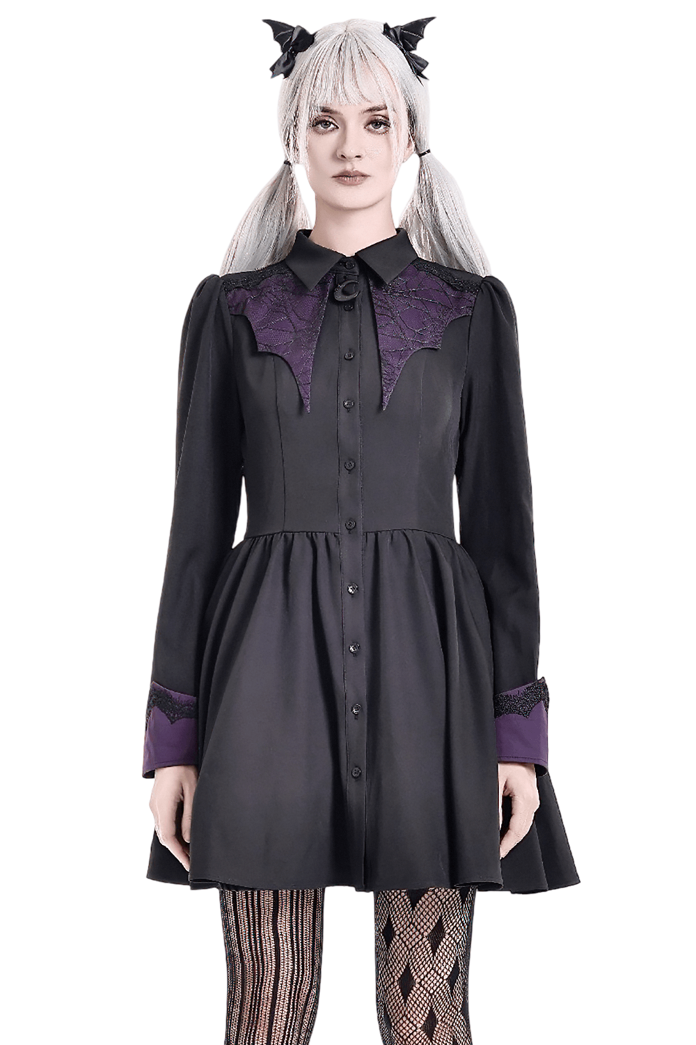 Dark Academia Button Front Dress with Purple Cuffs gothic mini shirt dress with crescent charm and lace accents