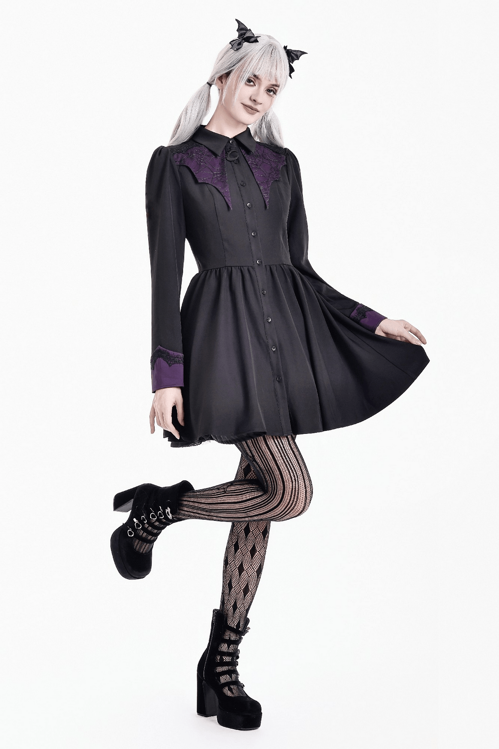 Dark Academia Button Front Dress with Purple Cuffs, Victorian gothic mini shirt dress with lace accents and crescent moon charm