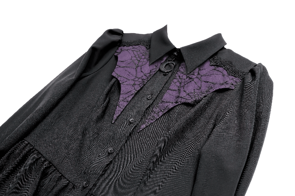 Dark Academia Button Front Dress with Purple Cuffs, Victorian gothic mini shirt dress with purple lace accents
