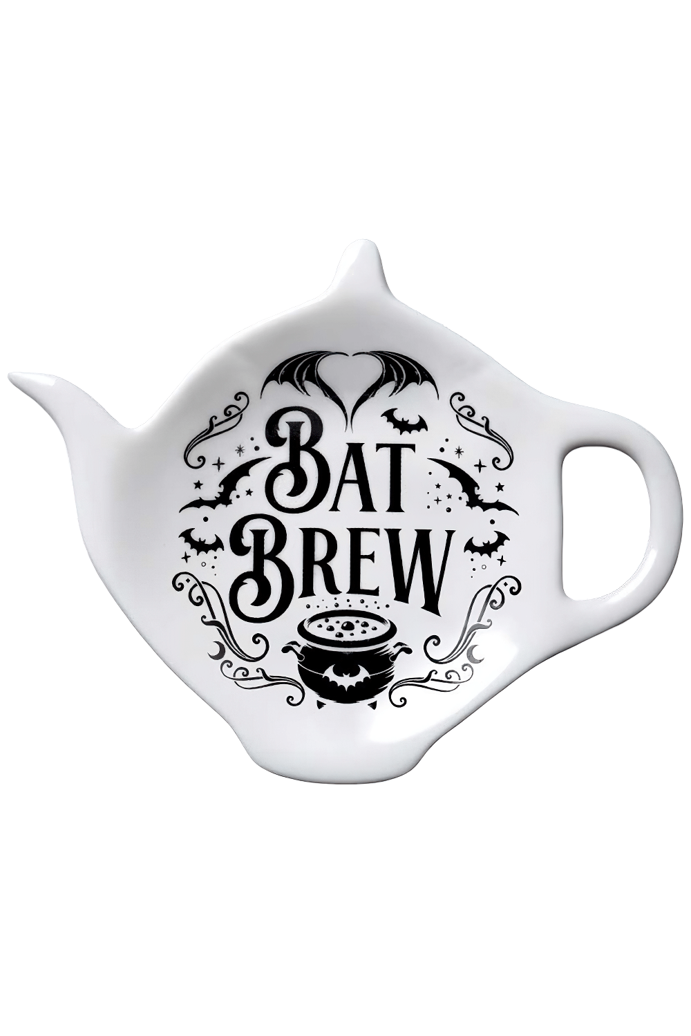 Gothic Bat Brew teapot spoon rest, perfect for teabags, black design for dark tea lovers, ideal for spooky themed kitchens.