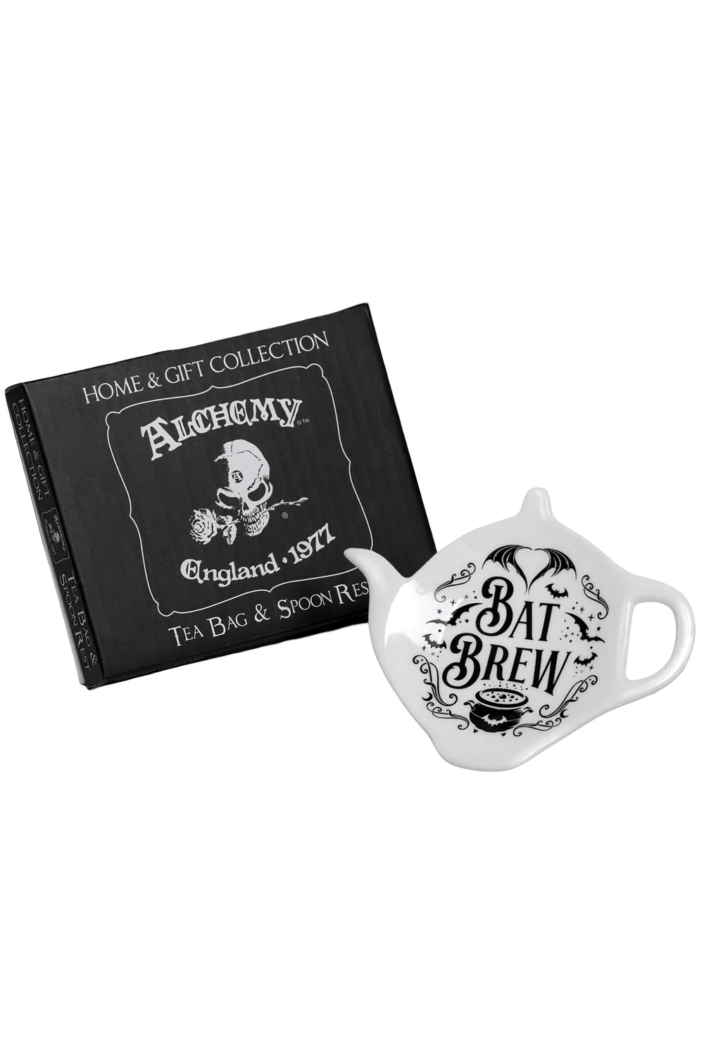 Dark Bat Brew teapot spoon rest by Alchemy Gothic, perfect for tea lovers and gothic decor. Ideal for resting spoons and tea bags.
