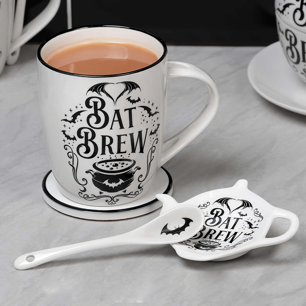 Gothic Bat Brew teapot spoon rest and mug set, perfect for tea lovers and dark-themed kitchens.