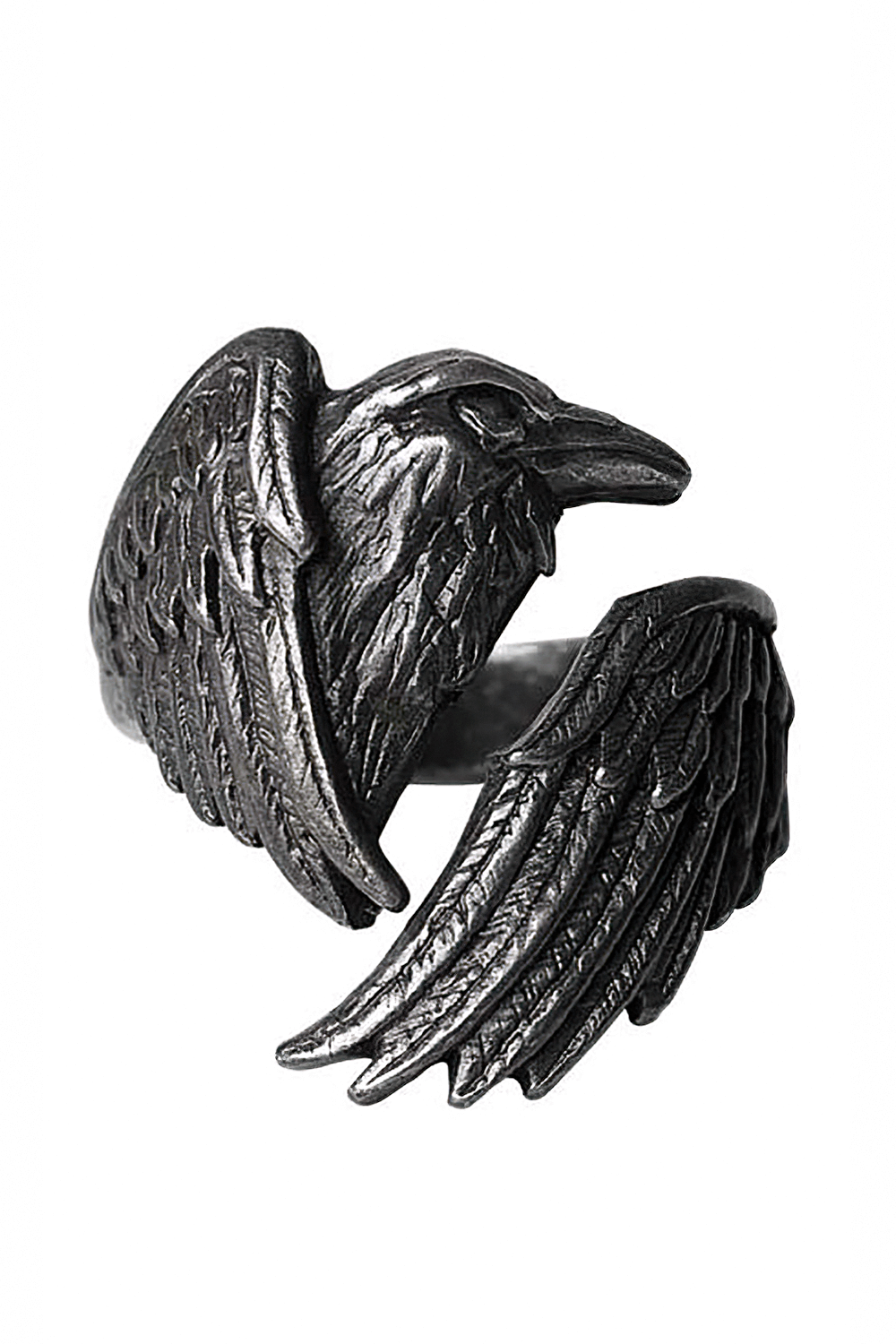 Gothic raven wrap ring in antiqued English pewter, featuring intricately detailed wings and a dark bird design.