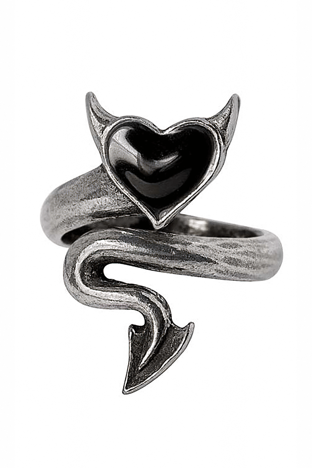 Seductive Gothic devil heart wrap ring with black enamel tail detail made from antiqued English pewter.