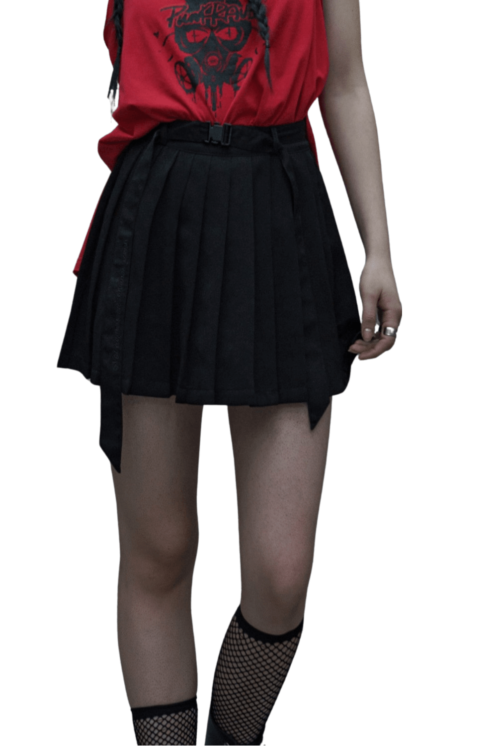 Gothic punk pleated skirt with embroidered belt, paired with a red graphic tee and fishnet stockings.