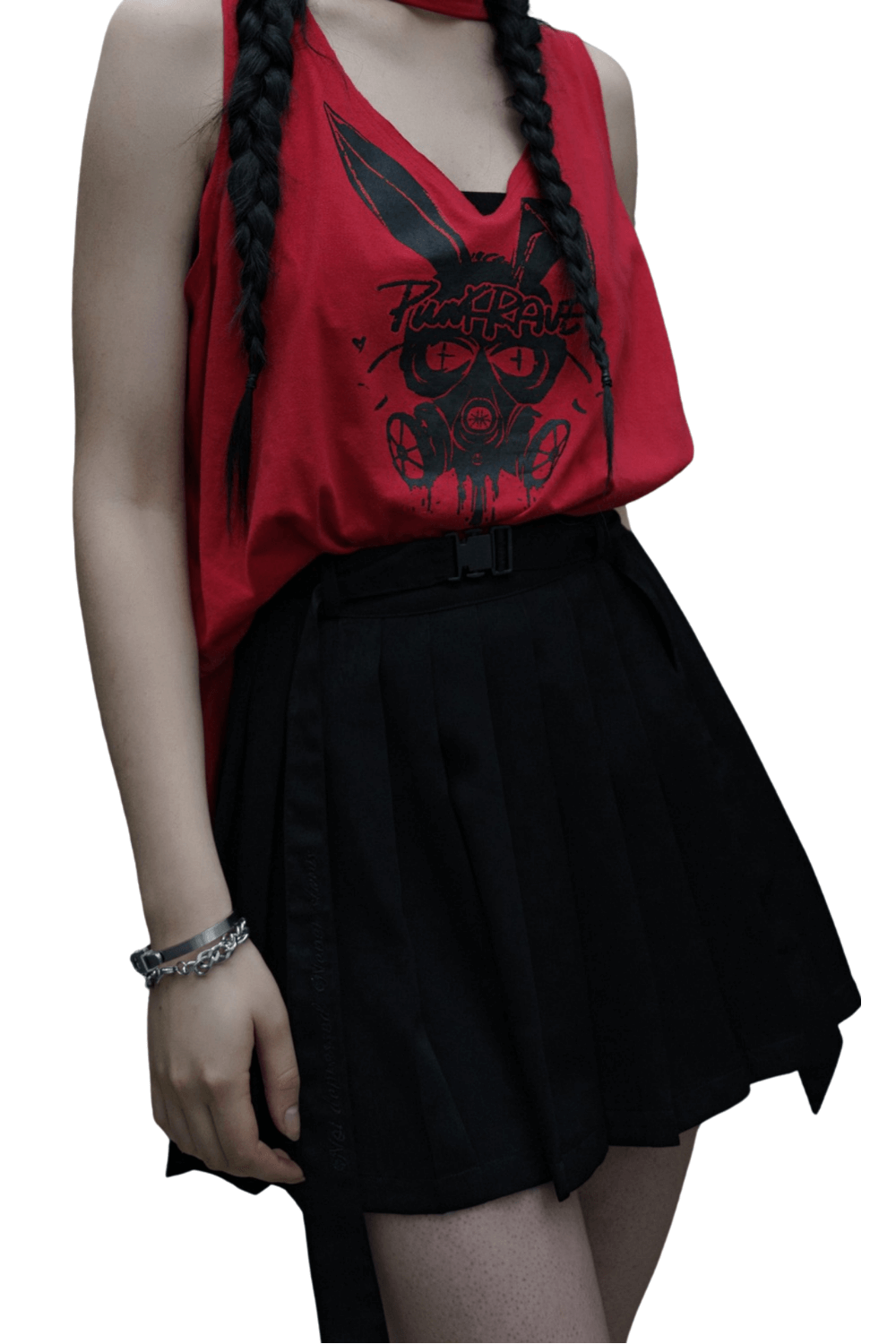 Gothic punk outfit featuring a red tank top with graphic design and a black pleated skirt, perfect for edgy street style.