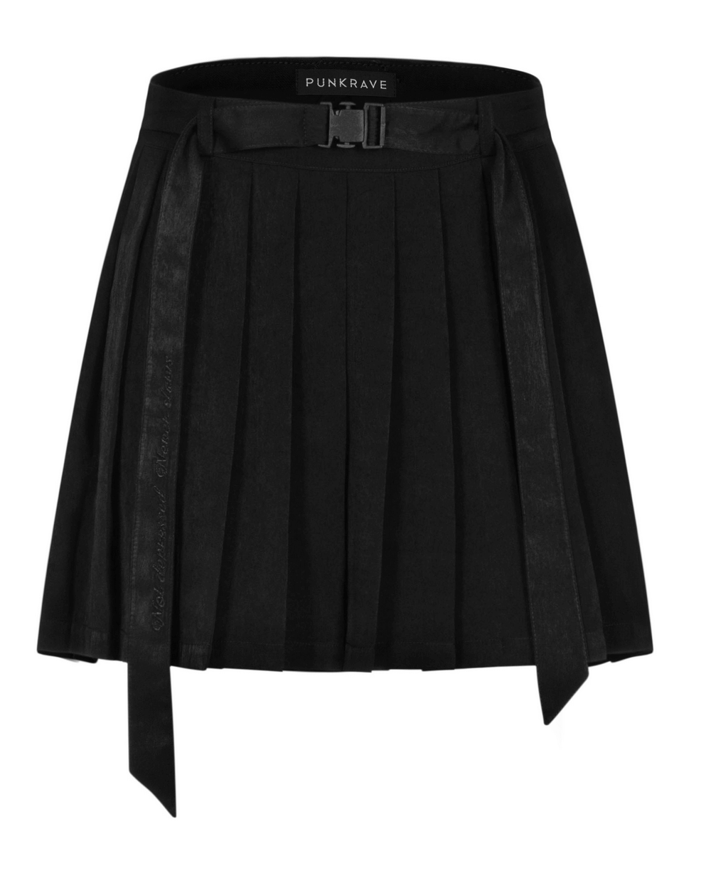 Dark Elegance Embroidered Belted Pleated Skirt with punk rave style and sleek black sheen.