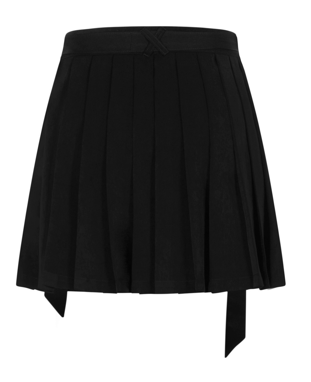 Dark Elegance Embroidered Belted Pleated Skirt in black with stylish pleats and tie detail for a punk rave vibe.
