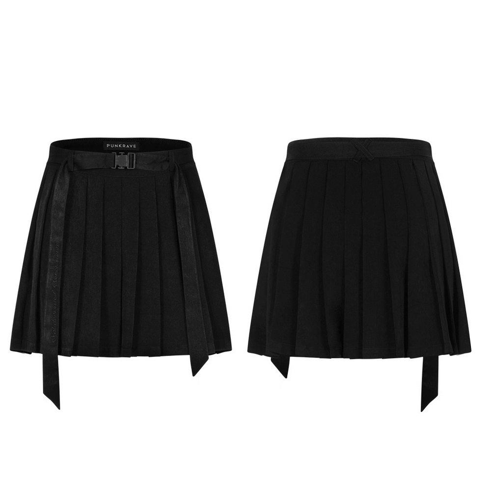 Dark Elegance Embroidered Belted Pleated Skirt front and back view, showcasing its punk rave style and edgy design.