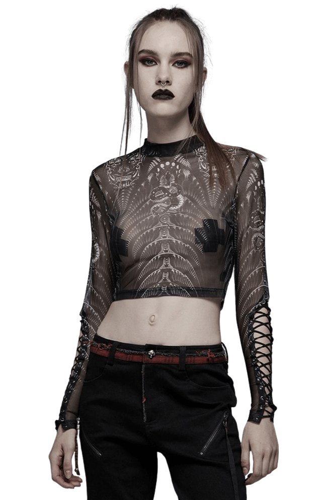 Dark Elegance High Neck Mesh Top with Skeleton Print