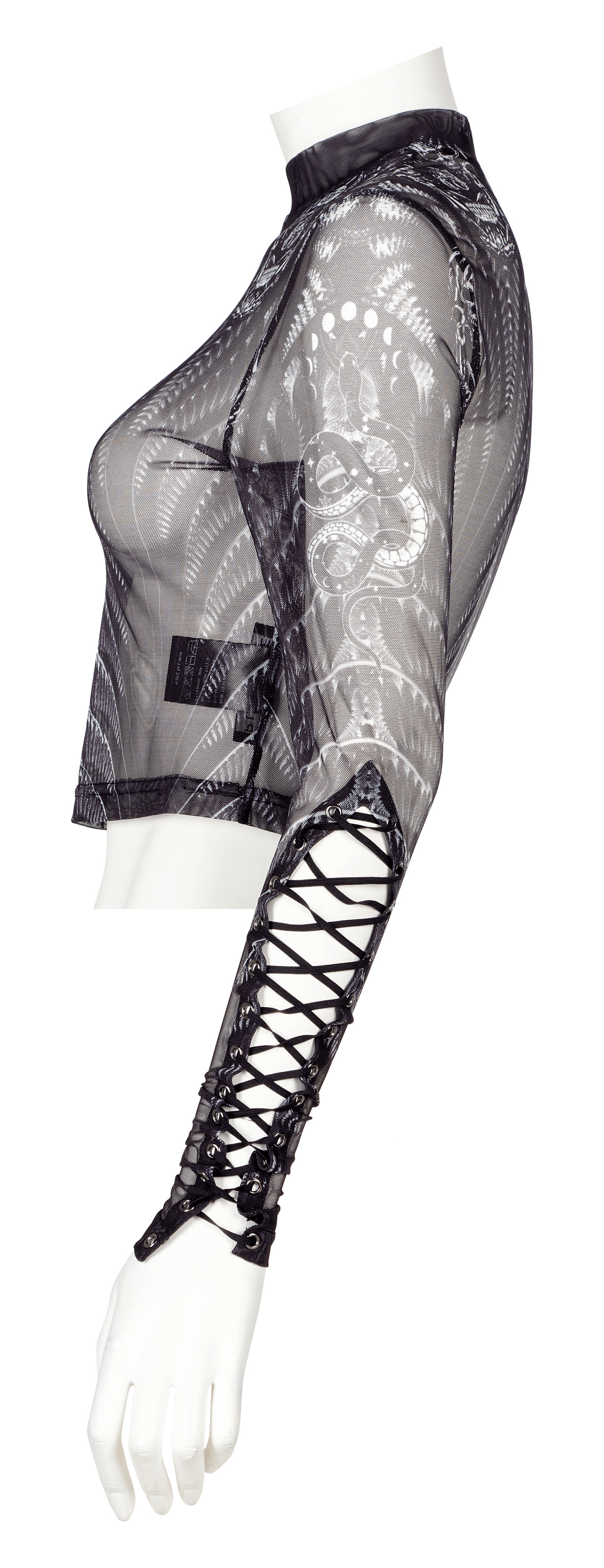 Dark Elegance High Neck Mesh Top with Skeleton Print - HARD'N'HEAVY
