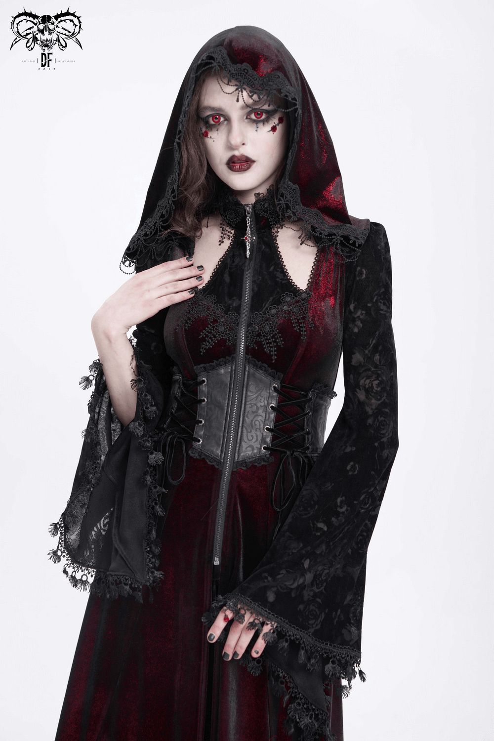 Dark Elegance Maxi Coat with lace sleeves and hood, perfect for gothic style and mystic charm.
