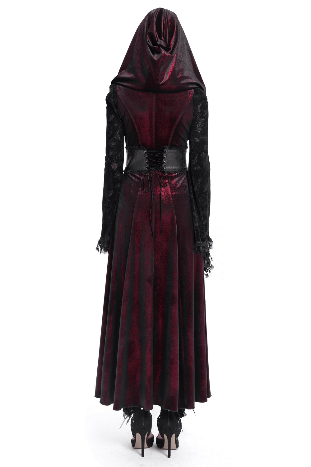 Back view of a dark elegance maxi coat with lace sleeves and hood, featuring a corset-style waist.