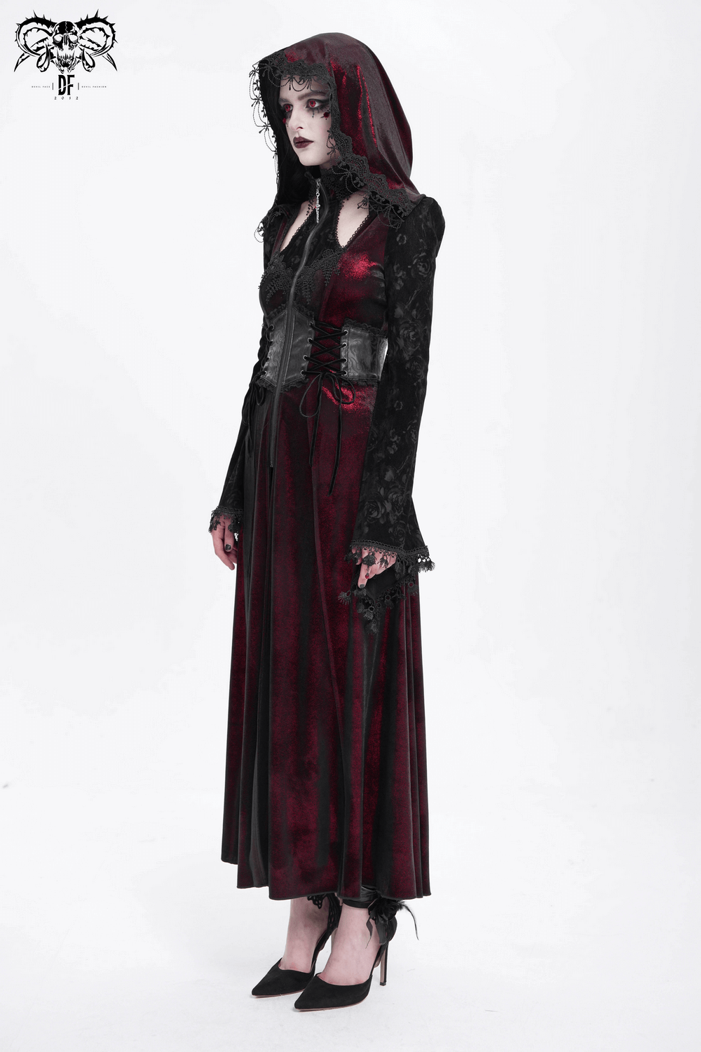 Dark Elegance Maxi Coat with lace sleeves and hood, perfect for gothic events and adding mystic charm.