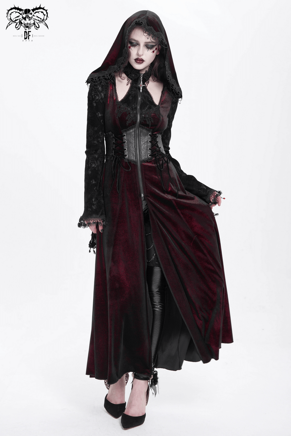 Dark Elegance Maxi Coat with Lace Sleeves, Hood, and corset waist exuding mystic charm and gothic allure.