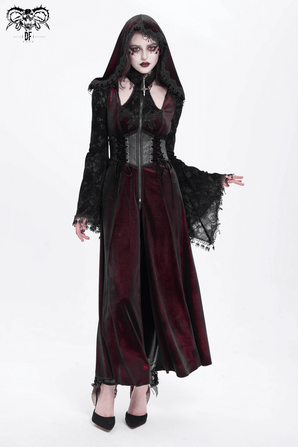 Dark Elegance Maxi Coat with lace sleeves and hood, exuding gothic charm and ethereal elegance.