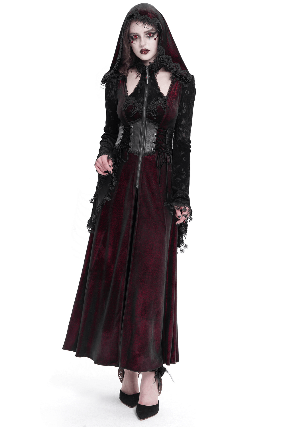 Stunning dark elegance maxi coat with intricate lace sleeves and hood, perfect for gothic and mystic fashion.