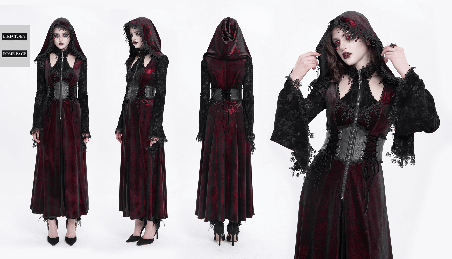 Dark Elegance Maxi Coat with lace sleeves and hood. Perfect for gothic events and ethereal wardrobe flair.