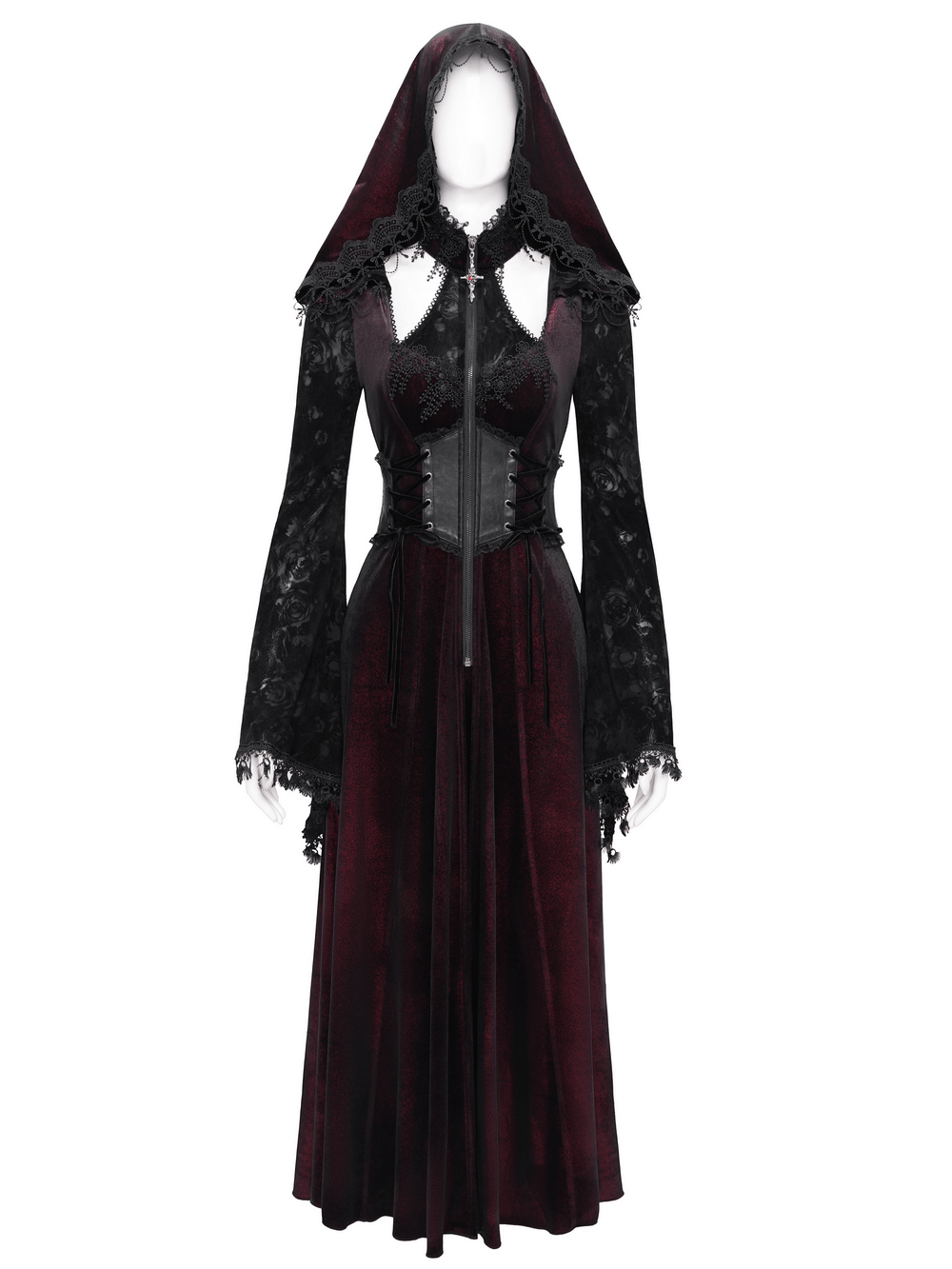 Dark Elegance Maxi Coat with lace sleeves and hood, perfect for gothic and mystic styles.