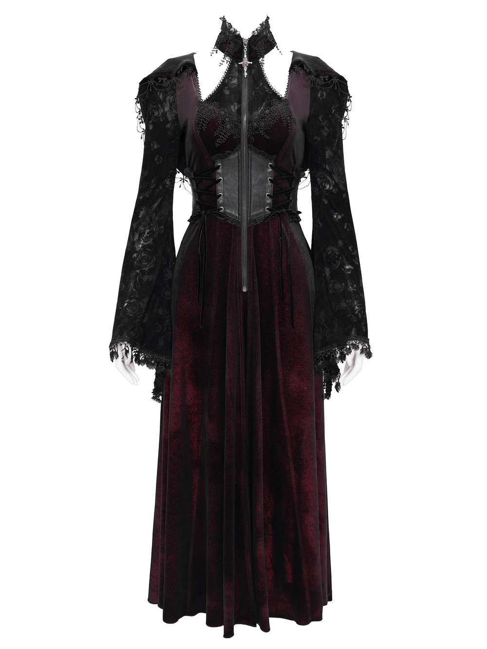 Dark Elegance Maxi Coat with lace sleeves, hood, and corset-style waist, perfect for gothic events and mystic charm.
