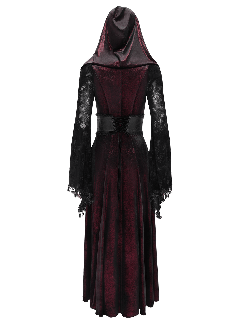 Back view of the Dark Elegance Maxi Coat featuring lace sleeves and a hood for a mystical gothic style.