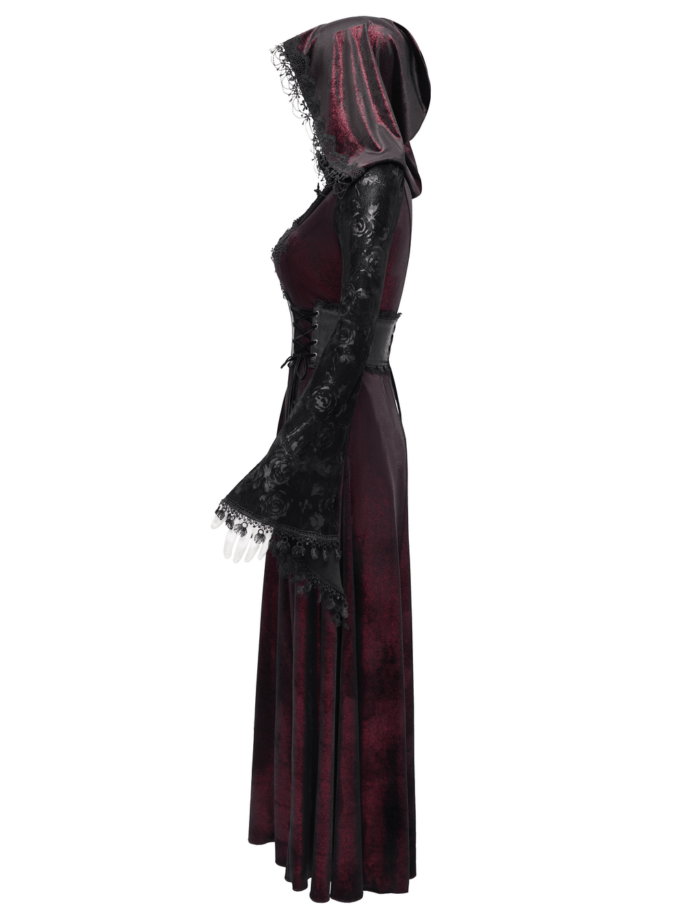 Stunning side view of the Dark Elegance Maxi Coat featuring lace sleeves and a hood, perfect for adding gothic charm.