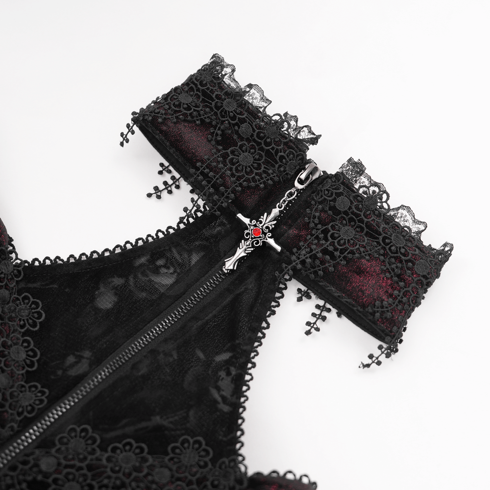Close-up of intricate lace detailing on the Dark Elegance Maxi Coat, featuring a unique zipper and ornate design.