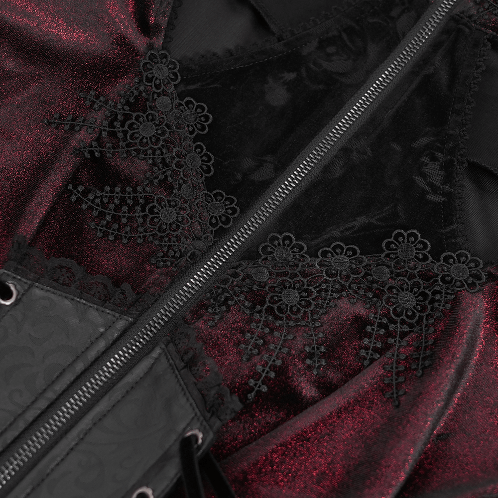 Close-up of dark elegant fabric with intricate black lace trim and zipper detail, perfect for a gothic aesthetic.