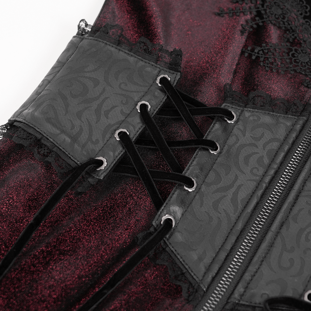 Intricate lace and corset detailing on Dark Elegance Maxi Coat, showcasing gothic flair and mystic charm.