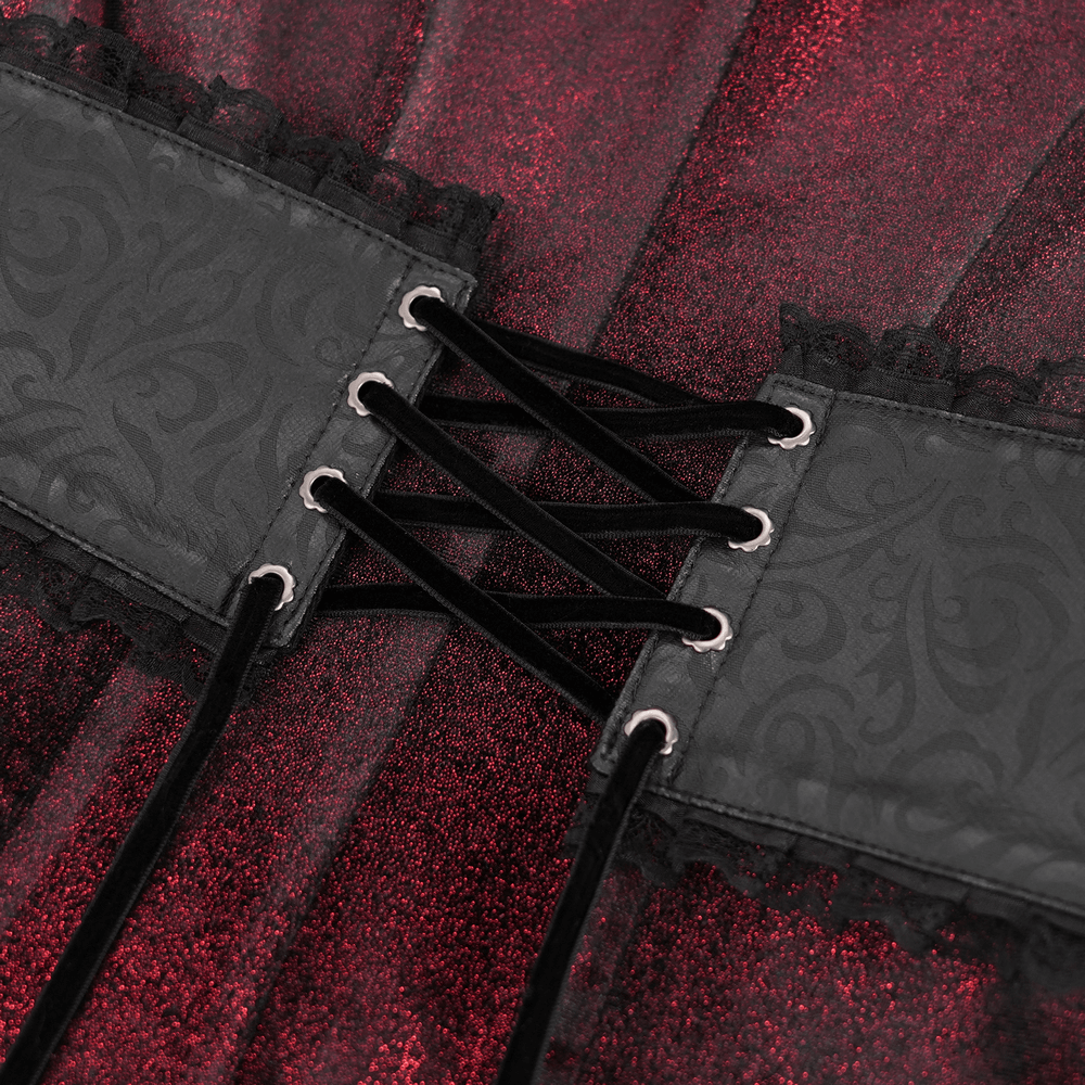 Close-up of the lace-up corset detailing on a dark elegance maxi coat with black lace and red shimmer.