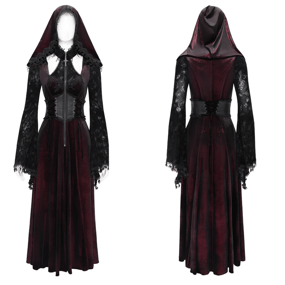 Dark Elegance Maxi Coat with lace sleeves and hood, featuring a corset waist, perfect for gothic elegance.
