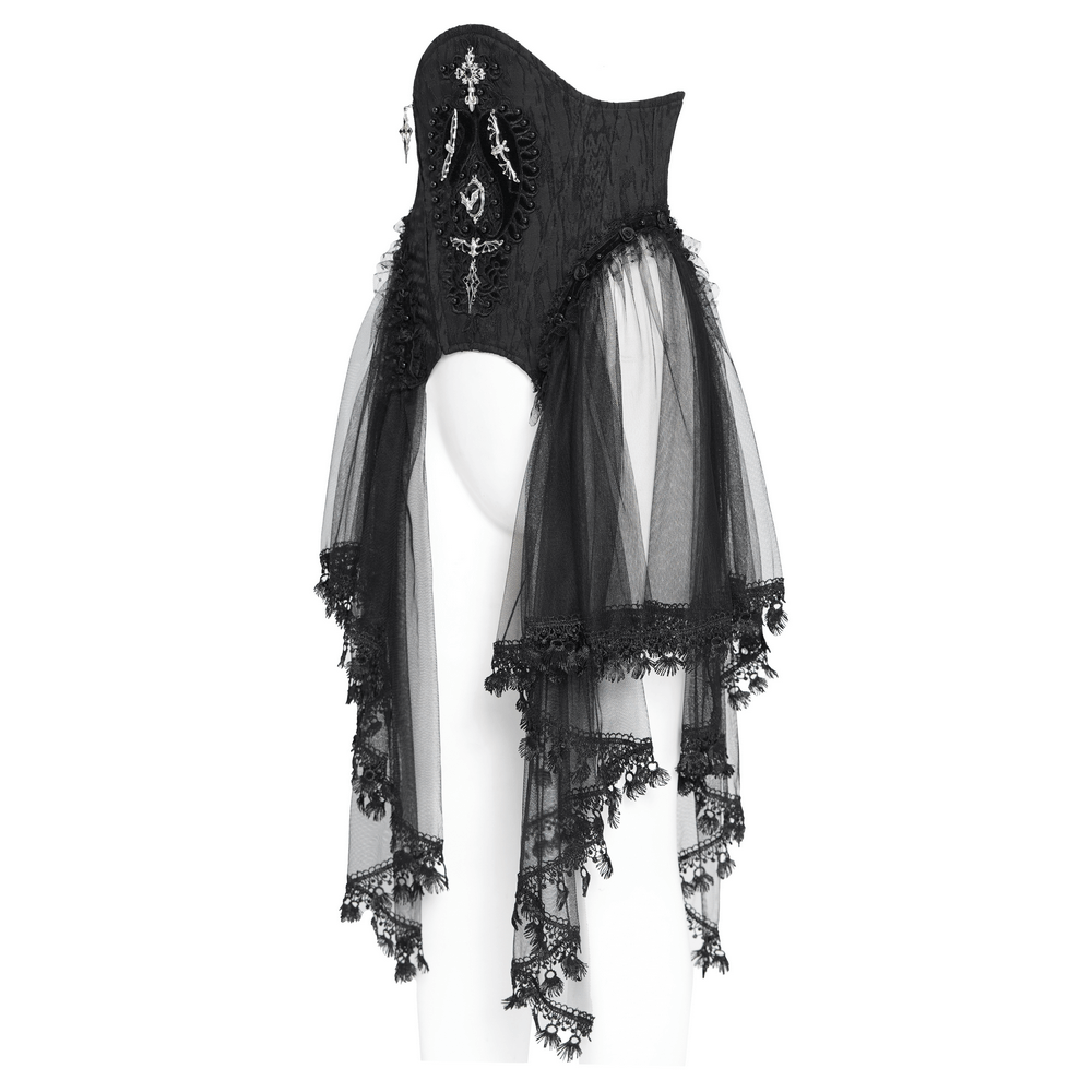 Dark Elegance Underbust Corset featuring tulle and lace, perfect for a gothic look at parties or photoshoots.