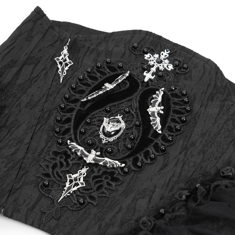 Intricate detailing of the Dark Elegance Underbust Corset featuring gothic lace, beads, and silver embellishments.