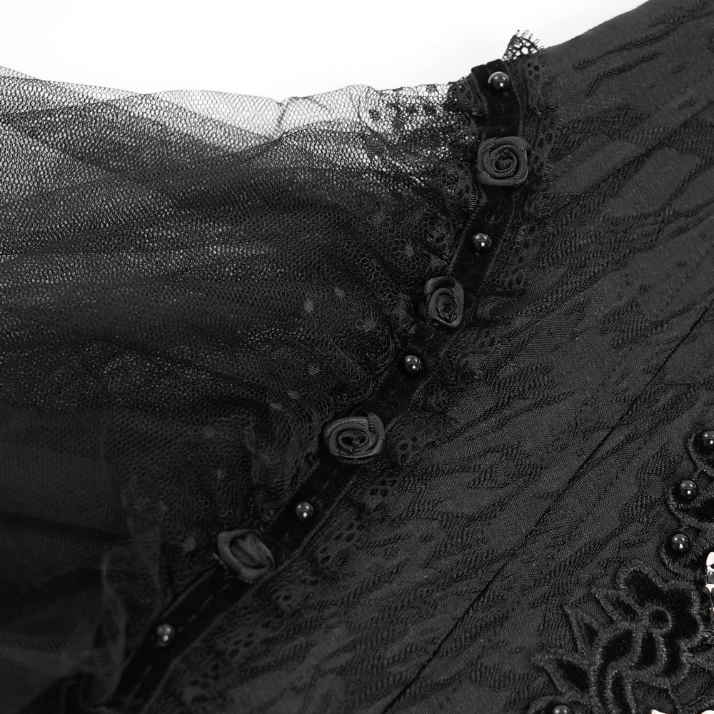 Close-up of the Dark Elegance Underbust Corset featuring tulle, lace, and delicate rose embellishments.