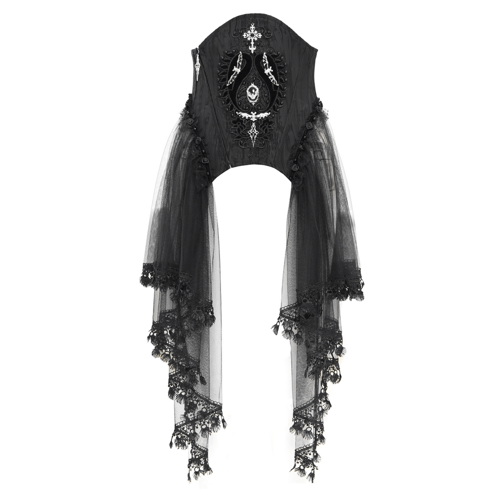 Dark Elegance Underbust Corset featuring tulle, lace, and gothic detailing for a hauntingly beautiful look.