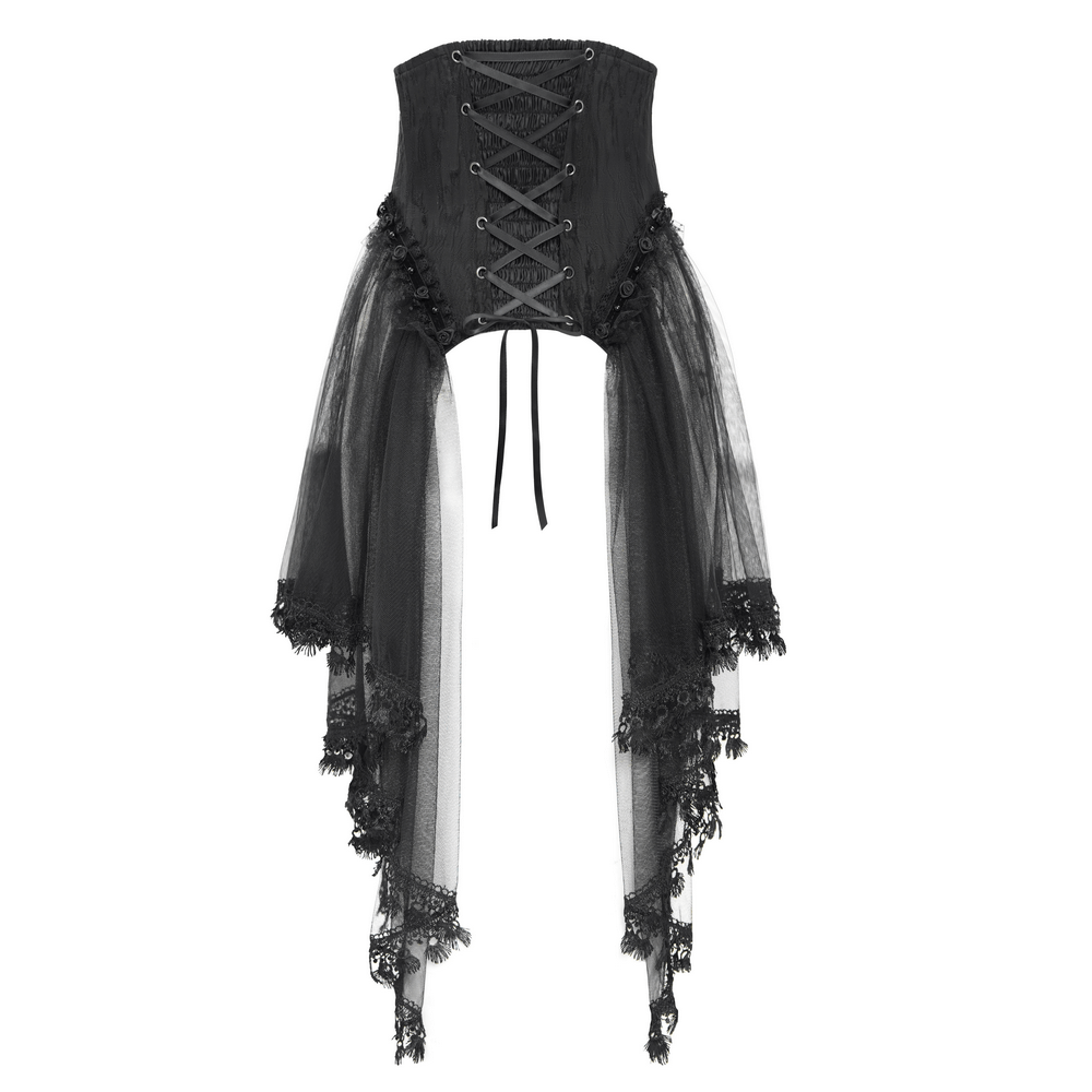 Elegant black underbust corset with tulle drapes and lace detailing, perfect for gothic style.