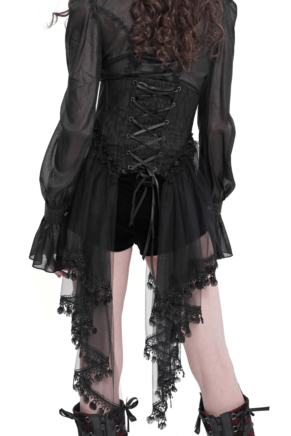 Back view of a gothic underbust corset with tulle and lace, styled for a dark elegance look.