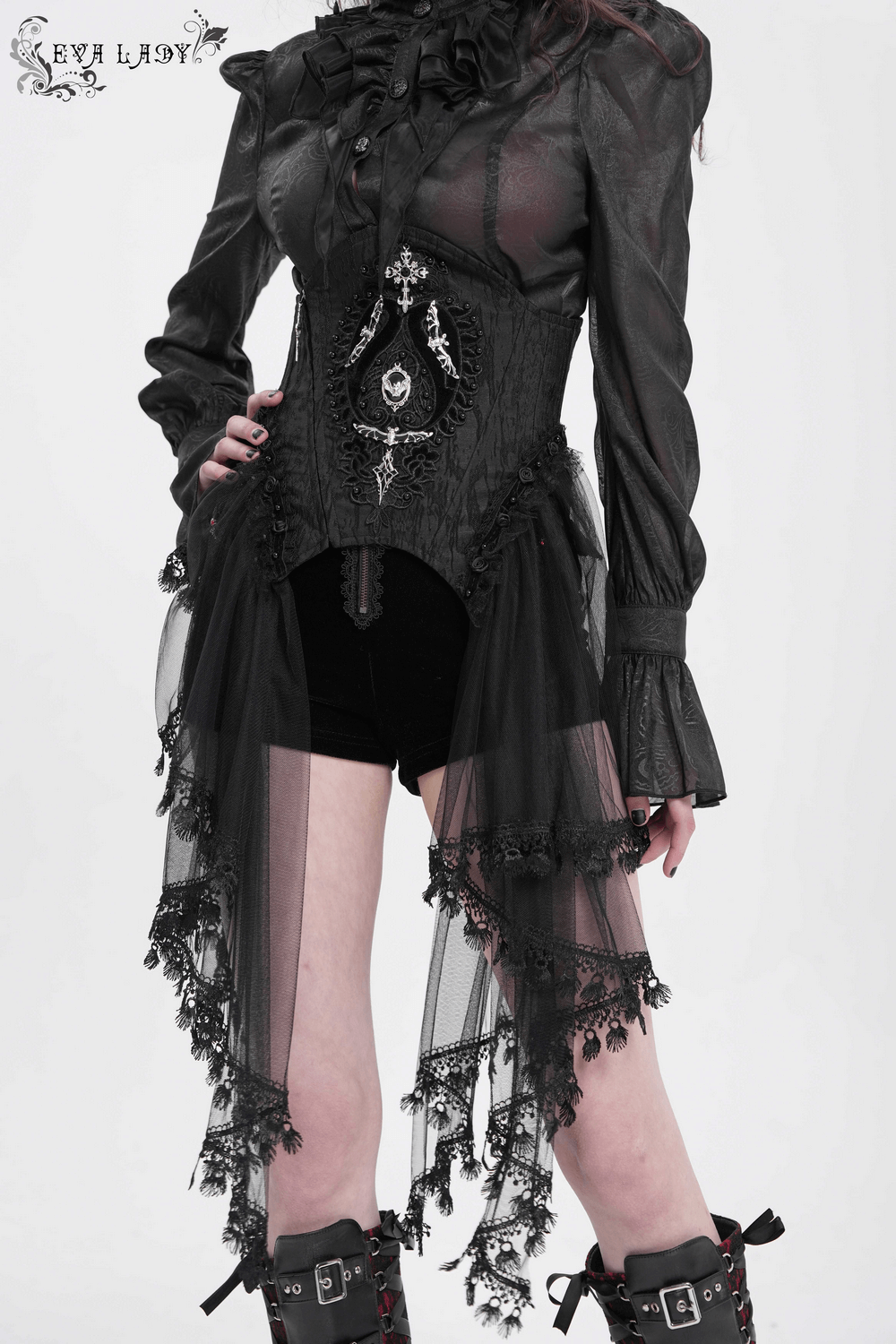 Gothic-inspired dark elegance underbust corset with tulle overlay and intricate lace details for a striking look.