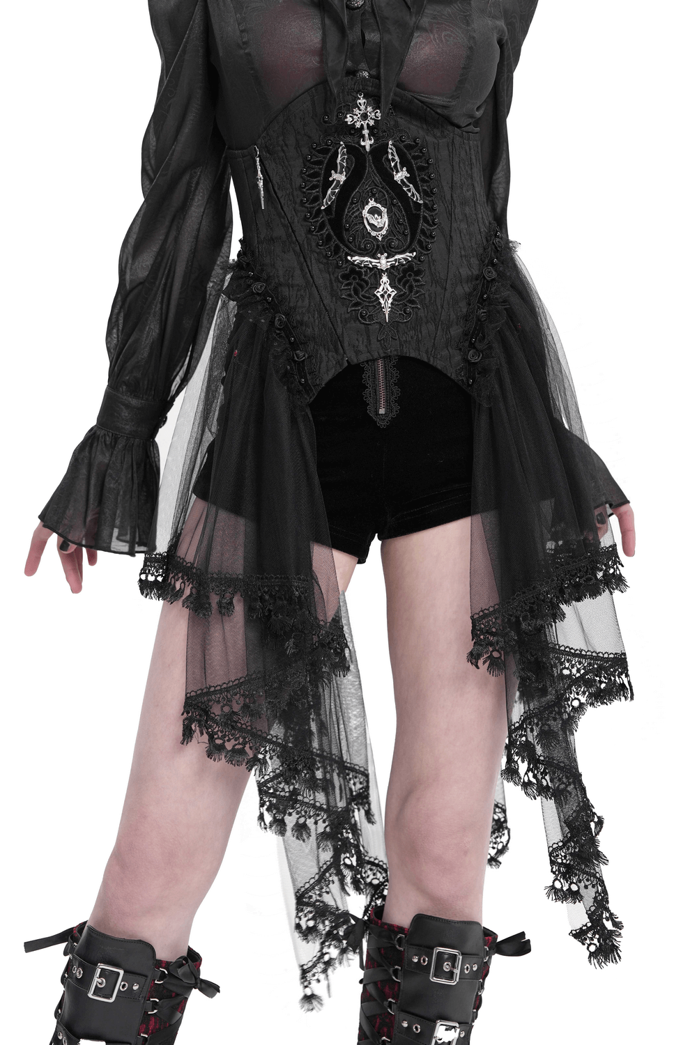 Dark Elegance Underbust Corset with Tulle and Lace, featuring intricate lace detailing and a gothic aesthetic.