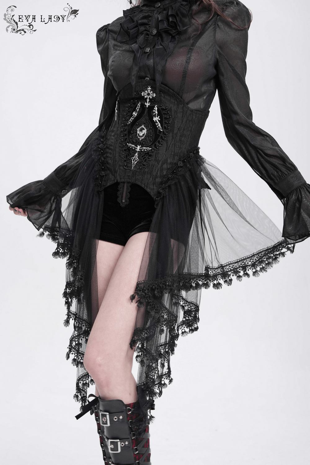 Gothic lace overlay underbust corset with tulle, showcasing intricate detailing and an edgy, elegant style.