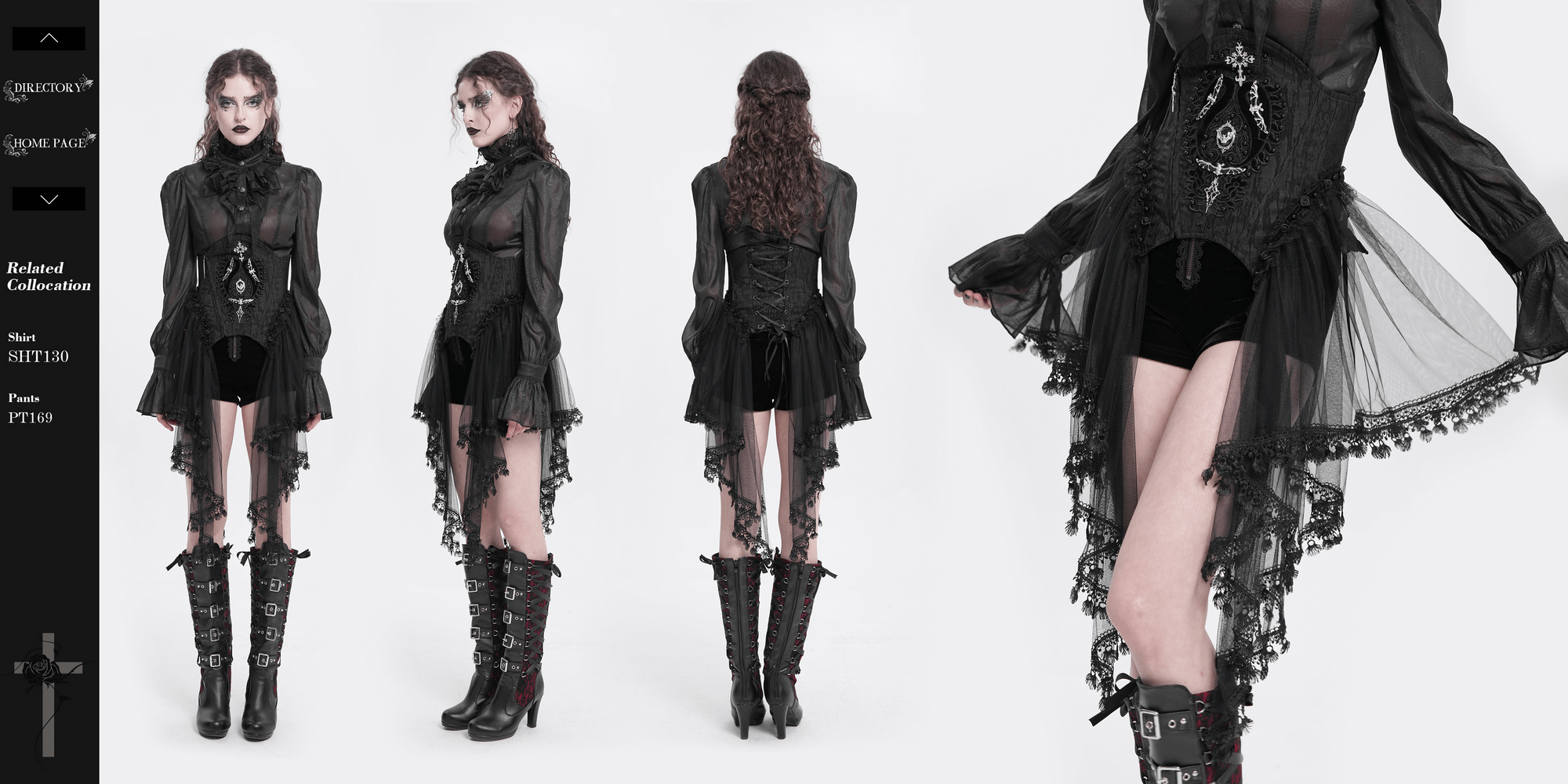Dark Elegance Gothic outfit featuring layered sheer fabric, lace details, and stylish knee-high boots.